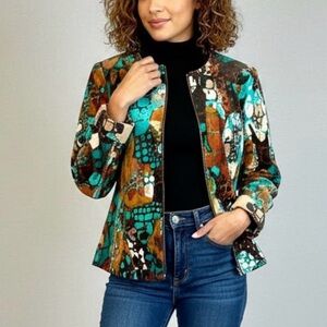 Vintage RQT Abstract Corduroy Jacket Women’s Small Teal Brown Geometric Zip Up